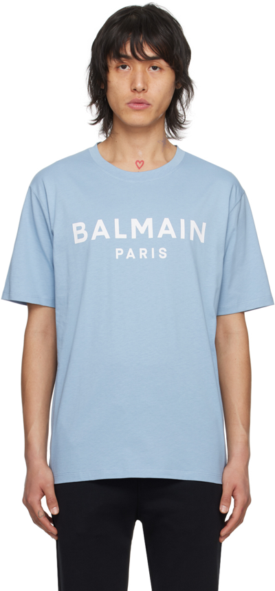 Shop Balmain Blue Print T-shirt In Slj Bleu Pã‚le/blanc
