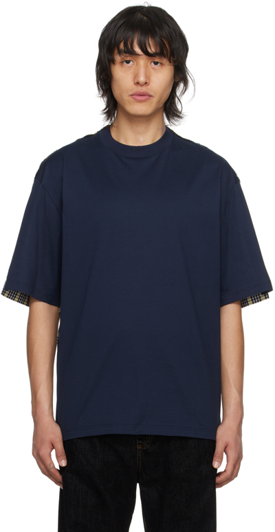 Shop Marni Navy Checked T-shirt In Blublack