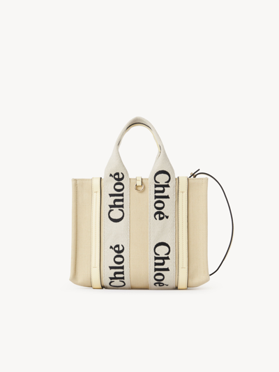 Shop Chloé Small Woody Tote Bag White Size Onesize 100% Linen, Calf-skin Leather, Polyester