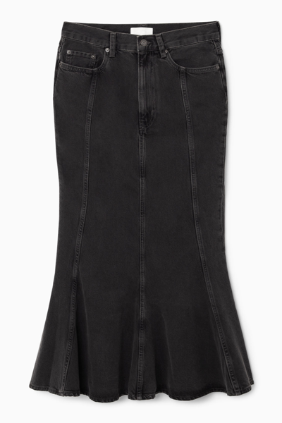 Shop Cos Paneled Flared Denim Skirt In Black