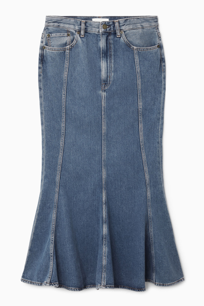 Shop Cos Paneled Flared Denim Skirt In Blue