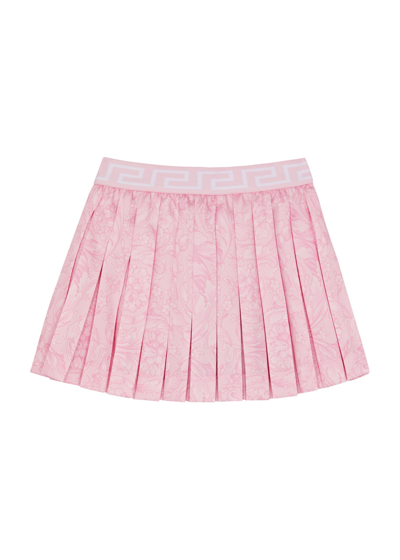 Shop Versace Kids Printed Pleated Satin Skirt (4-6 Years) In Pink Light