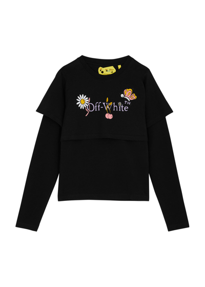 Shop Off-white Kids Funny Flowers Printed Layered Cotton Top (12-14 Years) In Black