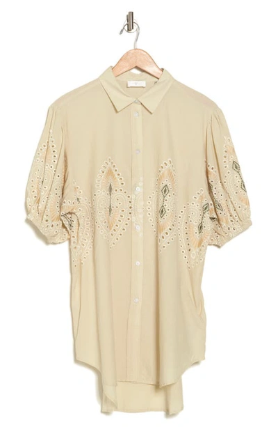 Shop Seven Puff Sleeve Embroidered Eyelet Button-up Tunic Shirt In Khaki