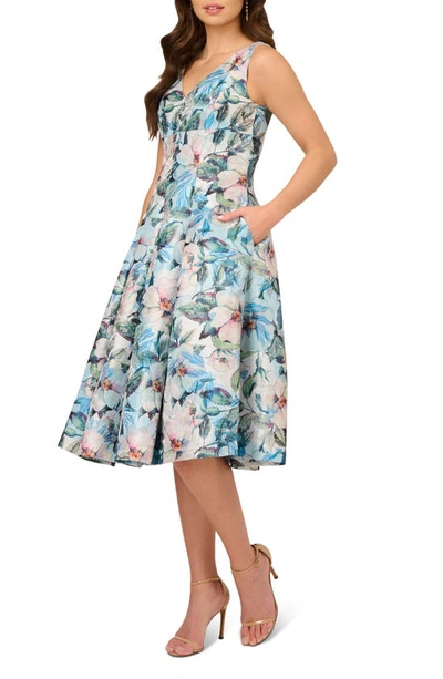 Shop Adrianna Papell Floral Jacquard Midi Fit & Flare Cocktail Dress In Blue Multi