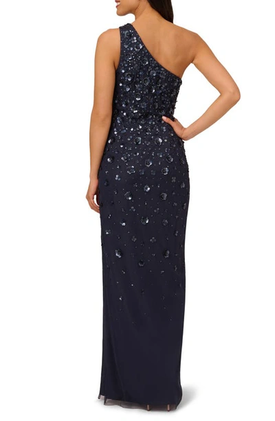 Shop Adrianna Papell 3d Beaded & Sequin One-shoulder Gown In Dusty Navy