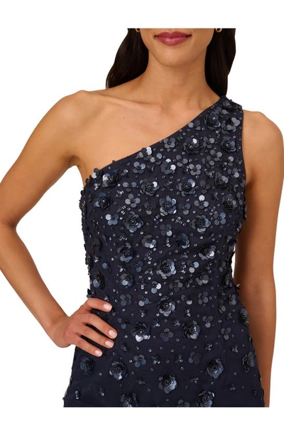 Shop Adrianna Papell 3d Beaded & Sequin One-shoulder Gown In Dusty Navy