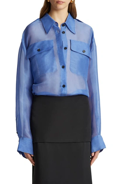 Shop Khaite Missa Oversize Sheer Silk Georgette Button-up Shirt In Blue Iris