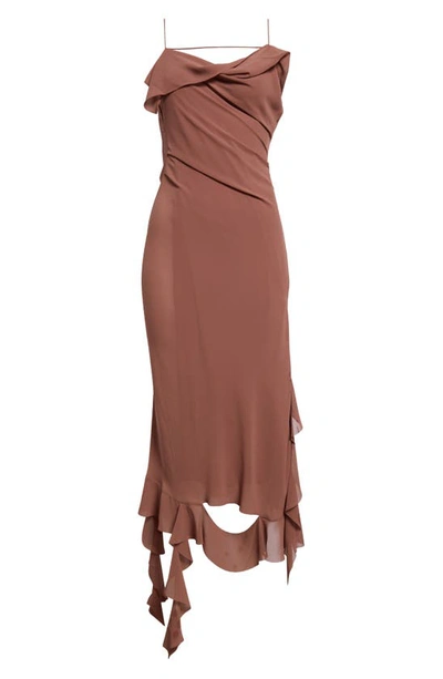 Shop Acne Studios Delouise Asymmetric Ombré Ruffle Chiffon Dress In Toffee Brown