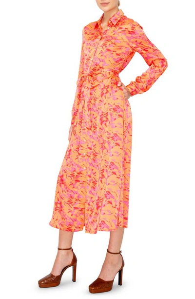 Shop Melloday Floral Long Sleeve Tie Belt Satin Shirtdress In Pink/ Coral