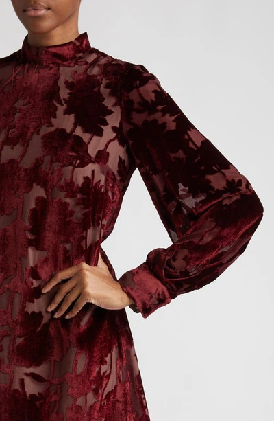 Shop Lela Rose Elizabeth Floral Burnout Long Sleeve Velvet Dress In Scarlet