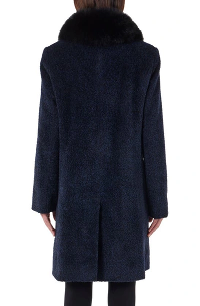 Shop Sofia Cashmere Genuine Shearling Collar Wool & Alpaca Blend Bouclé Coat In Navy