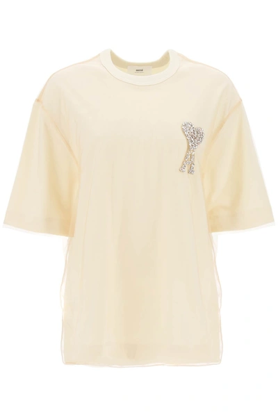 Shop Ami Alexandre Mattiussi Jersey And Tulle T Shirt With Rhinestone Studded Logo In Beige