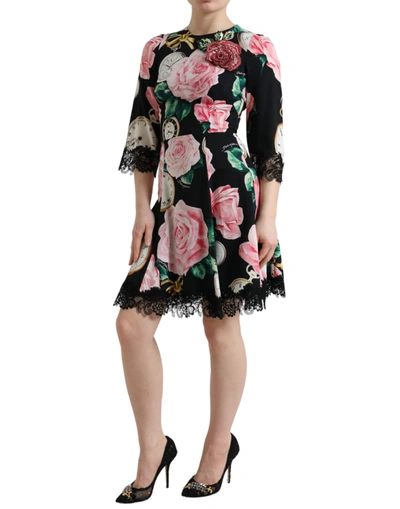 Shop Dolce & Gabbana Enchanting Floral A-line Dress With Sequined Women's Detail In Black