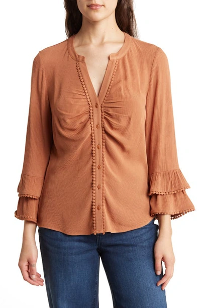 Shop Dr2 By Daniel Rainn Ruffle Embroidered Button-up Top In Sunbaked