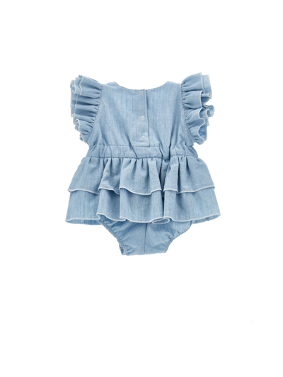 Monnalisa Chambray Romper With Trim In Stone Bleach