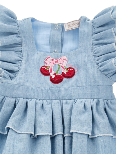 Monnalisa Chambray Romper With Trim In Stone Bleach