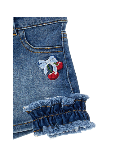 Monnalisa Embroidered Denim Shorts In Denim Blue + Sky Blue