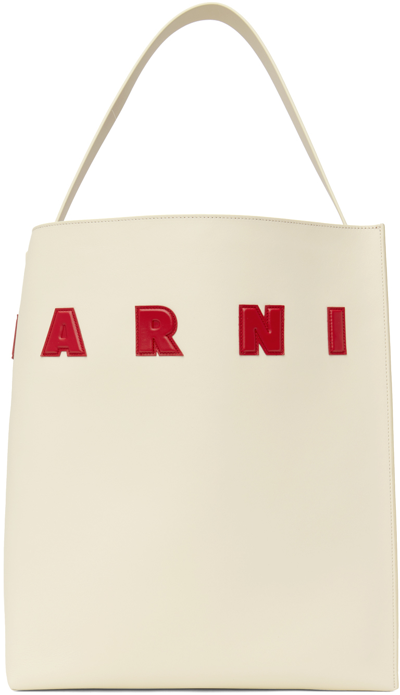 Shop Marni Off-white Leather Museo Patches Tote In Zo721 Ivory/lacquer
