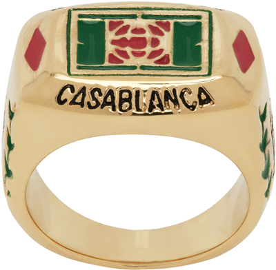 Shop Casablanca Gold Tennis Signet Ring In Gold / Green