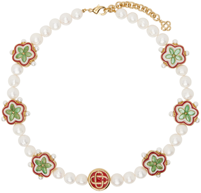 Shop Casablanca White & Gold Gradient Flower Short Necklace In Pearl / Multi