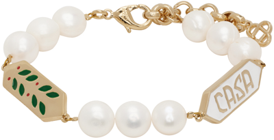 Shop Casablanca Gold & White Laurel Pearl Bracelet In Gold/pearl/white/grn