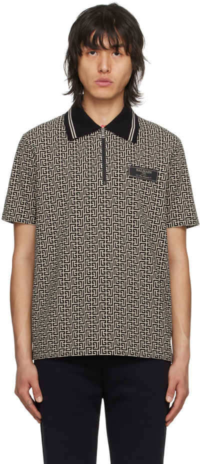 Shop Balmain Black Monogram Polo In Gfe Ivoire/noir