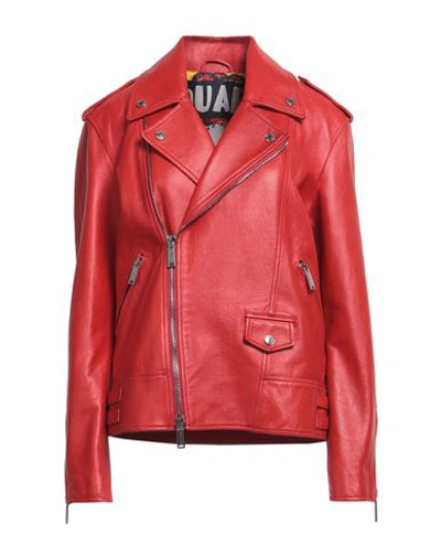 Shop Dsquared2 Woman Jacket Tomato Red Size 2 Bovine Leather