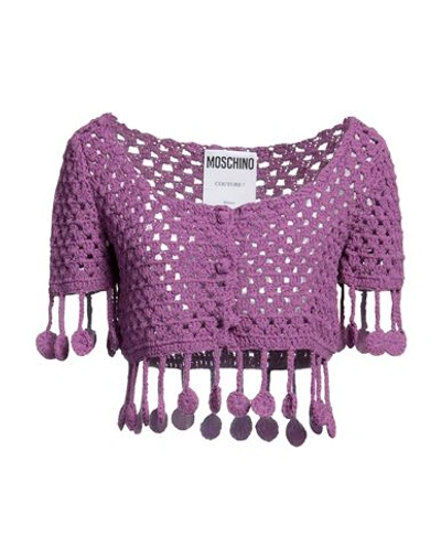 Shop Moschino Woman Cardigan Purple Size 8 Cotton, Polyamide