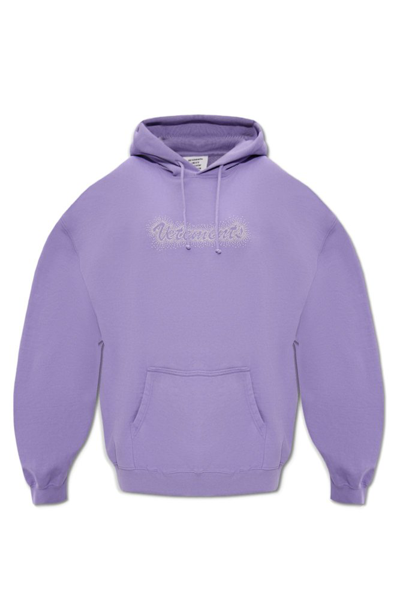 Shop Vetements Logo Printed Drawstring Hoodie In Purple