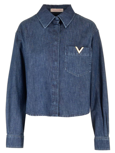Shop Valentino Logo Plaque Curved Hem Denim Shirt In Blue