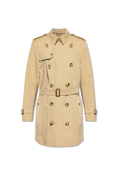 Shop Burberry Heritage Kensington Double Breasted Belted Trench Coat In Beige