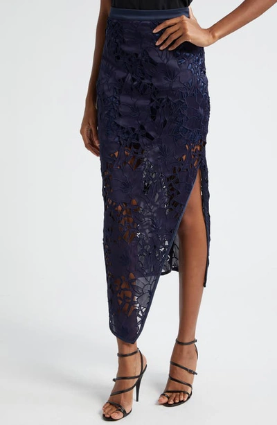 Shop Ramy Brook Irene Floral Lace Asymmetric Skirt In Navy Sateen Floral Cutout