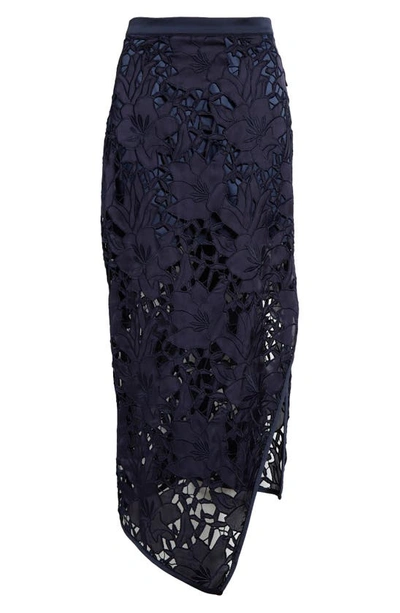 Shop Ramy Brook Irene Floral Lace Asymmetric Skirt In Navy Sateen Floral Cutout