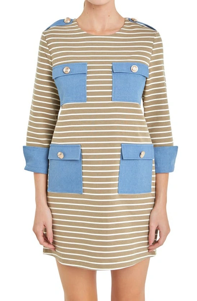 English Factory Stripe Pocket Cotton Blend Minidress In Taupe Multi