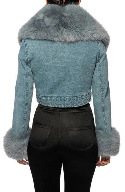 Azalea Wang Denim Trucker Jacket With Faux Fur Cuffs & Removable Faux Fur Collar In Blue