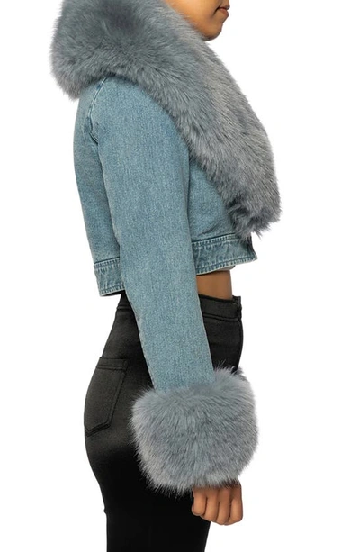 Azalea Wang Denim Trucker Jacket With Faux Fur Cuffs & Removable Faux Fur Collar In Blue