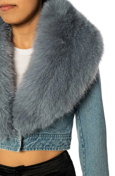 Azalea Wang Denim Trucker Jacket With Faux Fur Cuffs & Removable Faux Fur Collar In Blue