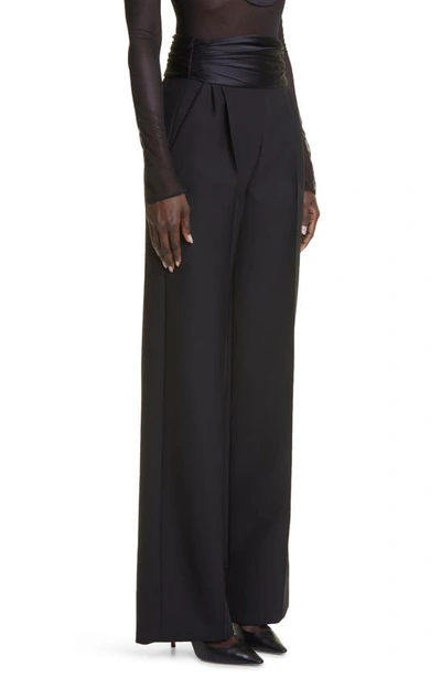 Shop Laquan Smith Satin High Waist Pleated Virgin Wool Trousers In Black