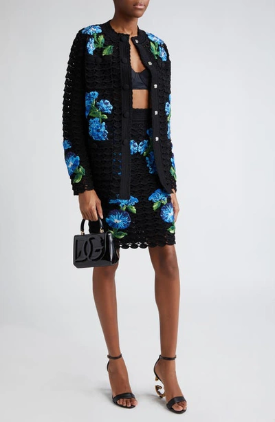 Dolce & Gabbana Campanula Floral-pattern Crochet Skirt In N0000nero