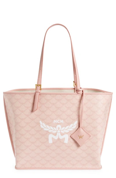 Shop Mcm Himmel Lauretos Coated Canvas Shopper Bag In Silver Pink