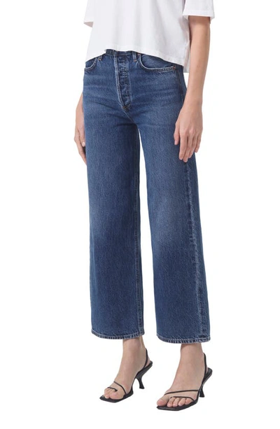 Agolde Wide-leg Denim Trousers With Metal Buttons In Blue