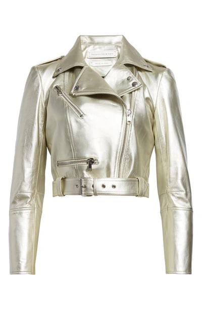 Shop Alexander Mcqueen Crop Metallic Leather Moto Jacket In Champagne