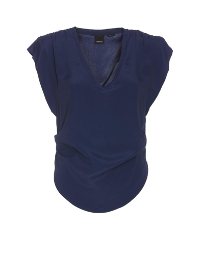 Shop Pinko V-neck Curved Hem T-shirt In Blue