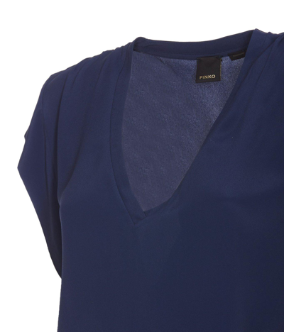 Shop Pinko V-neck Curved Hem T-shirt In Blue