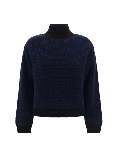Shop Fendi Crochet Sweater In Nero/blu Notte