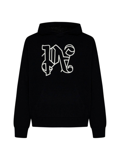 Shop Palm Angels Monogram Embroidered Knitted Hoodie In Nero