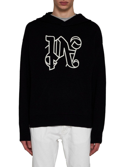 Shop Palm Angels Monogram Embroidered Knitted Hoodie In Nero
