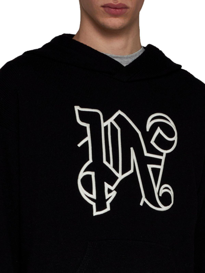 Shop Palm Angels Monogram Embroidered Knitted Hoodie In Nero