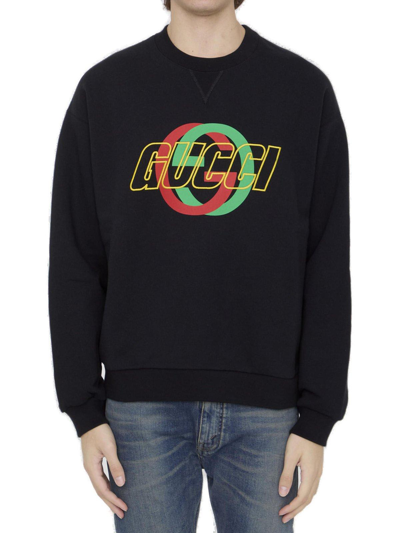 Shop Gucci Logo Printed Crewneck Sweatshirt In Black Mix